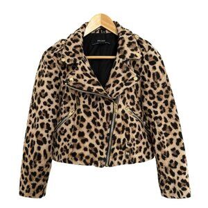 Zara Jacket Animal Print Leopard Cropped Gold Metal Zippers Lapel Collar